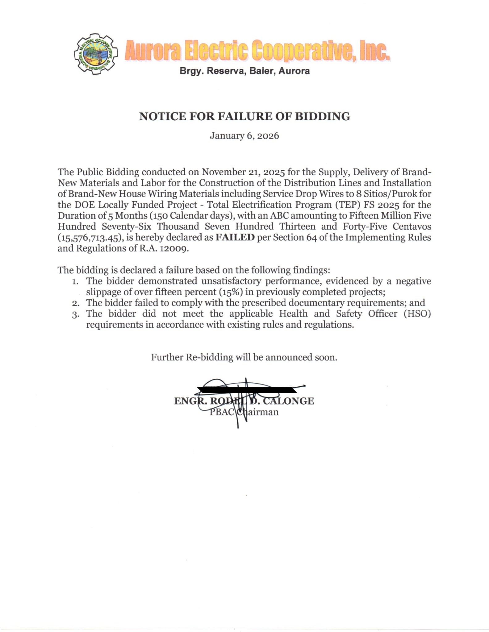 Notice to Failure for Bidding